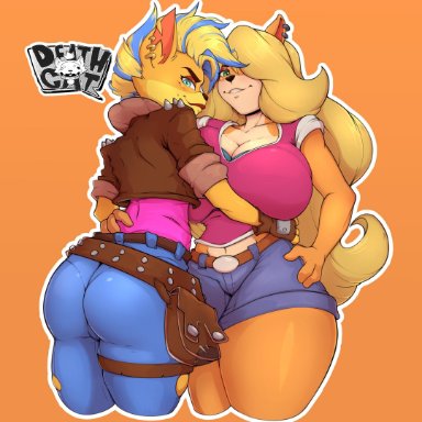 2girls, activision, anthro, ass, bandicoot, big ass, big breasts, big butt, blue eyes, bottom heavy, breasts, bubble ass, bubble butt, crash (series), crash bandicoot 4: it's about time