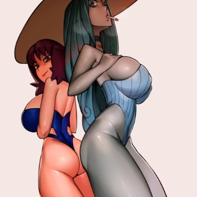 2girls, ass, big ass, big breasts, breasts, charlotte amande, cleavage, female, female only, grey skin, large breasts, looking at viewer, looking back, mfus, one piece