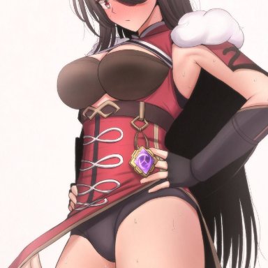 beidou (genshin impact), blush, breasts, cleavage, eyepatch, genshin impact, large breasts, mamerakkkkko, sweat, thick thighs, thigh highs