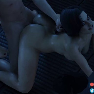 3d, all fours, animated, ass, big breasts, bioware, black hair, breasts, doggy style, doggystyle, female, female penetrated, from behind, hair pull, hanging breasts