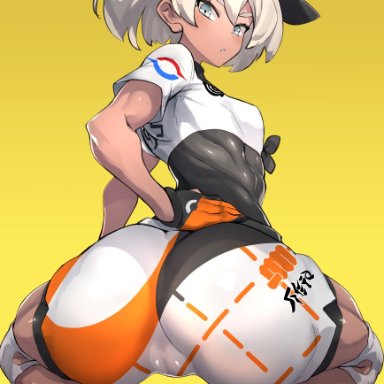 ass focus, bea (pokemon), big ass, big butt, dark skin, dark-skinned female, gloves, grey eyes, grey hair, hair ribbon, huge ass, huge butt, looking at viewer, looking back, nuezou