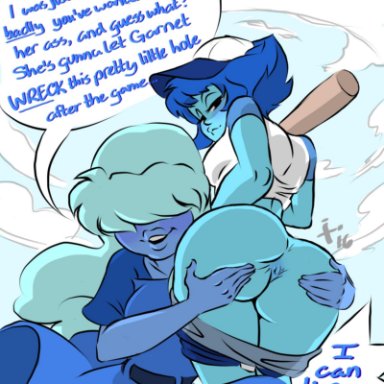 2girls, alternate version available, anus, ass, ass grab, ass stretch, asshole, baseball, baseball bat, baseball cap, big ass, big butt, blue body, blue hair, blue skin