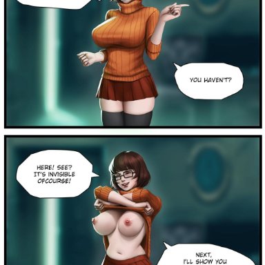 areolae, big breasts, breasts, busty, comic, glasses, hanna-barbera, hourglass figure, large breasts, nerd, nerdy female, nipples, ringoripple, scooby-doo, speech bubble