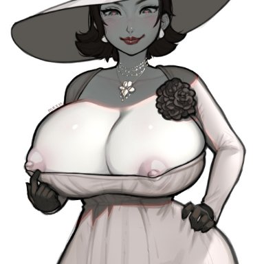 1girls, alcina dimitrescu, artist request, big breasts, big hat, black hair, black hat, breasts, breasts bigger than head, breasts out, breasts outside, busty, capcom, cleavage, dark hair