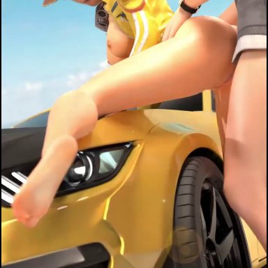 1boy, 1girls, 3d, anal, animated, areolae, ass, barefoot, blonde hair, blue sky, bottomless, breasts, breasts out, cap, car