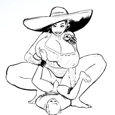 1boys, 1girls, alcina dimitrescu, amazon position, big breasts, big hat, black and white, black hair, black hat, breasts, breasts bigger than head, busty, capcom, cleavage, cum on breasts