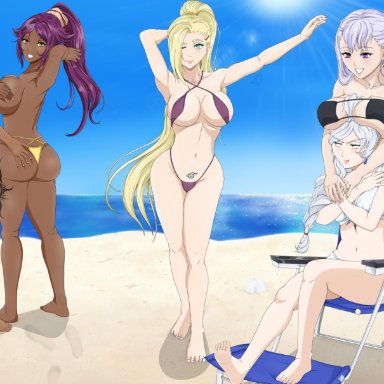 5girls, alphadelta, ass, ass grab, bangs, barefoot, beach, big ass, big breasts, bikini, black clover, black hair, bleach, blonde hair, blue eyes