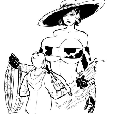 1boys, 1girls, alcina dimitrescu, big breasts, big hat, black and white, black hair, black hat, breasts, breasts bigger than head, busty, capcom, cleavage, cow print, cow print bikini