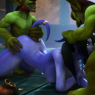 1girls, 2boys, 3d, animated, big breasts, big dom small sub, blizzard entertainment, blowbang, blue skin, bouncing breasts, breasts, doggy style, draenei, erection, face fucking