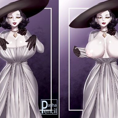 alcina dimitrescu, big breasts, black hat, breasts, breasts out, breasts outside, capcom, claws, cleavage, cleavage overflow, dress, earring, female, female only, female solo