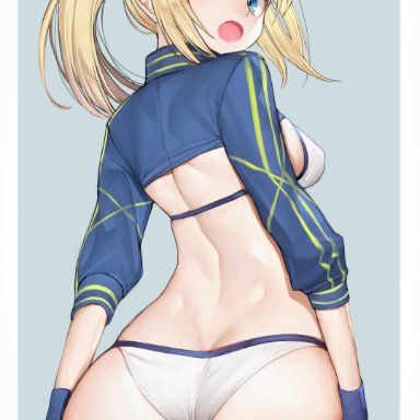 :o, 1girls, absurdres, artoria pendragon, ass, ass support, baseball cap, bikini, blonde hair, blue eyes, blue jacket, blush, breasts, butt crack, dat ass