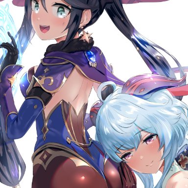 2girls, ahoge, ass, bare shoulders, black hair, blue hair, blush, breasts, cape, come hither, detached sleeves, elbow gloves, embarrassed, from behind, ganyu (genshin impact)