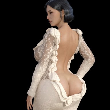 1girls, 3d, alcina dimitrescu, ass out, big ass, big breasts, black hair, bra, breasts, breasts bigger than head, busty, capcom, cleavage, dress, earrings