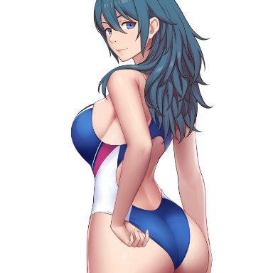 1girls, ass, back, back cutout, back view, bangs, bare arms, bare back, bare shoulders, big ass, big breasts, blue eyes, blue hair, blue swimsuit, breasts