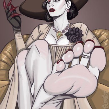 alcina dimitrescu, black hair, blood, breasts, claws, cleavage, dark hair, earrings, feet, female, female only, foot fetish, hat, lipstick, looking at viewer