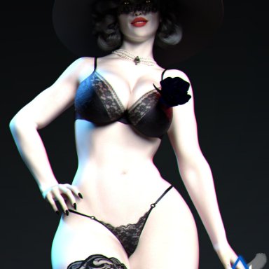 1girls, alcina dimitrescu, big breasts, big hat, black hair, black hat, black lingerie, bra, breasts, busty, capcom, cleavage, dress, earrings, female