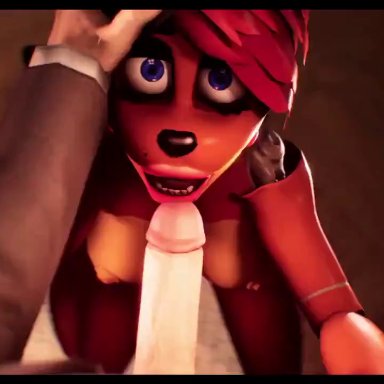 animated, blowjob, bwc, deepthroat, eye contact, five nights at freddy's, freddy (fnaf), freddy fazbear, hand on head, human, human on robot, human penetrating, looking at another, looking at viewer, no sound