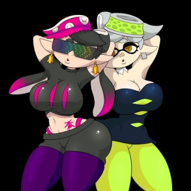 1girls, 2girls, callie (splatoon), cleavage, female, female only, huge breasts, hypnosis, marie (splatoon), mind control, nintendo, splatoon, splatoon 2, thegeckoninja, thick thighs