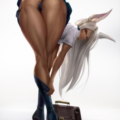 1girls, animal ears, animal tail, ass, bag, bent over, bunny ears, bunny tail, cameltoe, clothing, dark skin, dark-skinned female, feet, felox08, female