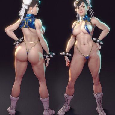 1girls, 3d, abs, adapted costume, asian, asian female, ass, big breasts, bikini, boots, breasts, brown hair, bun cover, capcom, chun-li