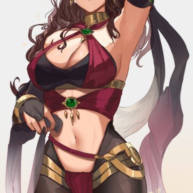 1girls, absurdres, alternate costume, armpits, bangs, bare shoulders, black legwear, blush, bracelet, breasts, bridal gauntlets, brown hair, circlet, cleavage, criss-cross halter