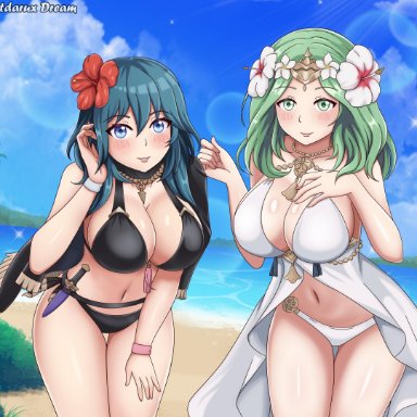 2girls, artist name, bangs, bare shoulders, beach, big breasts, bikini, black bikini, black cape, black swimsuit, blue eyes, blue hair, blue sky, blush, breasts