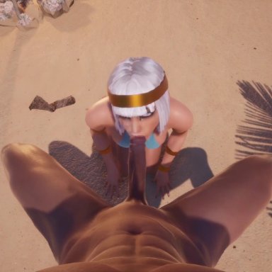 3d, abs, animated, armlet, bangs, big penis, bikini, blue bikini, bob cut, campfire, dark skin, dark-skinned male, deepthroat, desert, diadem