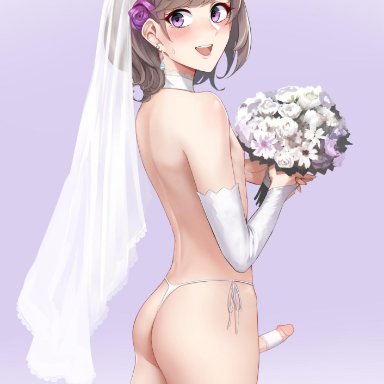 ass, bouquet, bride, choker, earrings, elbow gloves, femboy, flower in hair, girly, ikemeru19, looking at viewer, looking back, male symbol, mars symbol, penis ribbon