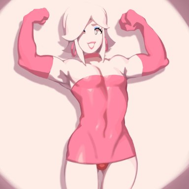 1boy, 1male, bulge, choker, combos-n-doodles, femboy, femenine, flexing, flexing arms, friday (sealguy), oc, pink choker, pink dress, pink earrings, pink eyeshadow