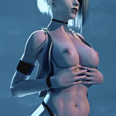 1girls, 3d, areolae, ashe (overwatch), asymmetrical hair, breasts, choker, clenched teeth, cupping breasts, earrings, erect nipples, eyeshadow, female, female only, lipstick