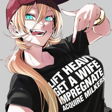 baseball cap, blonde hair, blue eyes, breasts, clothed, clothes writing, english text, fangs, female, hat, human, large breasts, meme, oerba yun fang, original