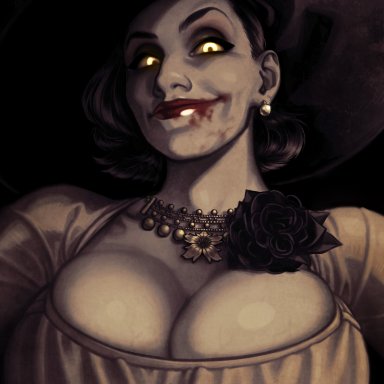 alcina dimitrescu, black hair, breasts, busty, capcom, christian tartaglia, cleavage, female, female only, glowing eyes, hat, huge breasts, jewelry, large breasts, lipstick