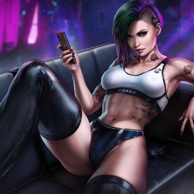 1girls, black panties, breasts, cellphone, cleavage, couch, cyberpunk 2077, dandon fuga, female, female only, judy alvarez, looking at viewer, panties, pinup, sitting