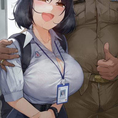 :d, bangs, belt, black belt, black hair, blue skirt, blush, bra through clothes, breasts, brown jacket, brown pants, bulge, button gap, cleavage, collarbone