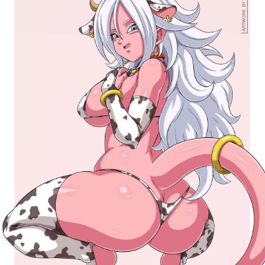 android 21, android 21 (good), big breasts, bikini, cow print, dragon ball, dragon ball fighterz, dragon ball z, female only, majin android 21, sano-br, shounen jump, tagme