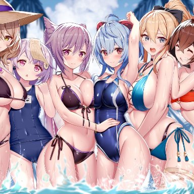 6+girls, akusema, amber (genshin impact), armpits, asymmetrical docking, beach, bikini, breast press, breasts, cleavage, female, female only, ganyu (genshin impact), genshin impact, happy