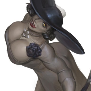 alcina dimitrescu, breasts, busty, capcom, claws, cleavage, dress, enormous breasts, female, hat, jewelry, large breasts, pale skin, pale-skinned female, playstation