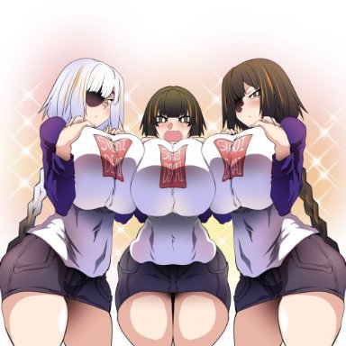 3girls, big breasts, breasts, eyepatch, girls frontline, huge breasts, large breasts, m16a1 (girls frontline), pressing breasts together, source request, tagme, thick, thick thighs, uzaki hana (cosplay), zergling (artist)