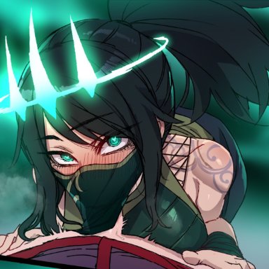 akali, bare shoulders, black hair, blush, breasts, crown, eyebrows visible through hair, fellatio, fellatio under mask, female, green eyes, heart, heart-shaped pupils, league of legends, long hair