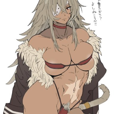 abs, animal ears, bare shoulders, breasts, choker, collarbone, crotchless, crotchless panties, ettone, eyepatch, female, fur trim, ghyslaine dedorudia, highres, jacket