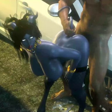 1boy, 1girls, 3d, animated, areolae, bimbo, bouncing breasts, breasts, draenei, female, from behind, large breasts, male, nipples, noname55