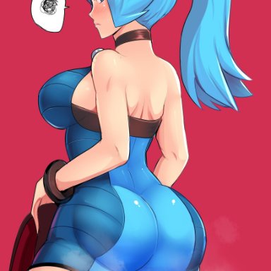 1girls, absurd res, angry, aqua hair, ass, back, backside, bare shoulders, big ass, big breasts, blue eyes, blue hair, breasts, clair (pokemon), female