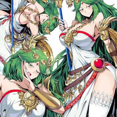 1girls, big breasts, cleavage, clothing, female, female only, goddess, green hair, huge breasts, jewelry, kid icarus, kid icarus uprising, long hair, looking at viewer, nintendo