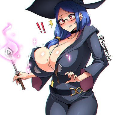 1girls, big breasts, blue hair, breast expansion, breasts, bursting breasts, cleavage, glasses, large breasts, little witch academia, magic wand, red eyes, sole gem, solegemart, solo