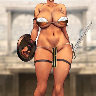 amagasahigasa, bikini armor, breasts, cleavage, female, gladiatrix, large breasts, outdoor, short hair, skimpy clothes, sweat, sweatdrop, tomboy