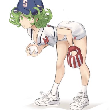 :t, ass, ball, baseball, baseball cap, baseball glove, bent over, breasts, chewing, cleavage, crop top, downblouse, female, full body, green eyes