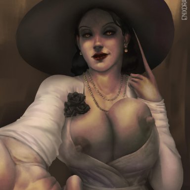 alcina dimitrescu, black hair, breasts, busty, capcom, cleavage, enixdraws, erect nipples, female, female only, hat, huge breasts, large breasts, lips, lipstick