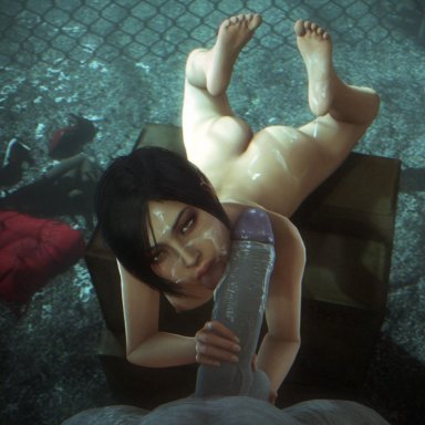 1boy, 1girls, 1monster, 3d, ada wong, after fellatio, after sex, asian, asian female, ball fondling, ball grab, barefoot, black hair, blowjob, bob cut