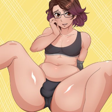 1boy, androgynous, belly, brown hair, bulge, curvaceous, eye contact, femboy, girly, glasses, looking at viewer, male, original, panties, penis bulge