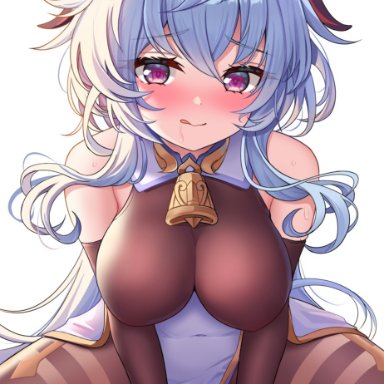:p, artist name, bare shoulders, bell, black legwear, blue hair, breasts, clothed sex, cowbell, cowgirl position, elbow gloves, eyebrows visible through hair, female, ganyu (genshin impact), genshin impact